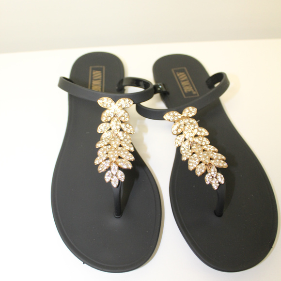 women's black flip flops with rhinestones
